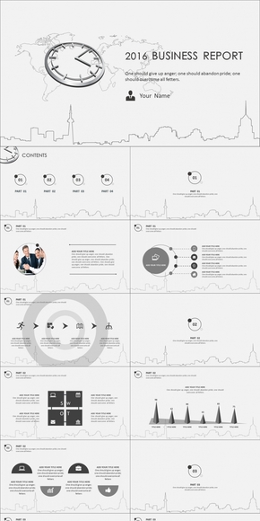 2016創(chuàng)意灰色時鐘商務匯報總結(jié)模板（動靜雙套）