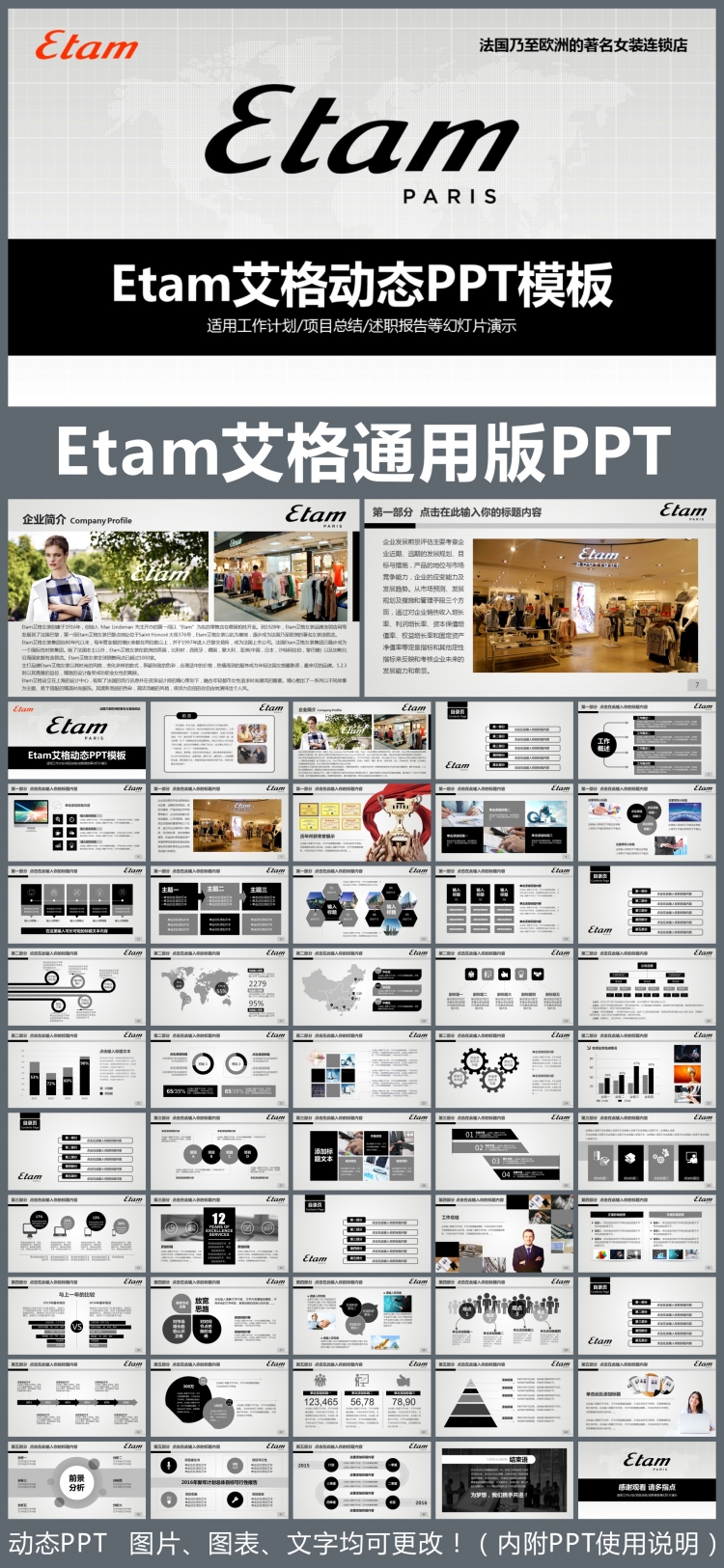 Etam艾格企業(yè)簡介通用版動態(tài)PPT專用模板 述職報告 工作總結 工作匯報 年終總結 新年計劃