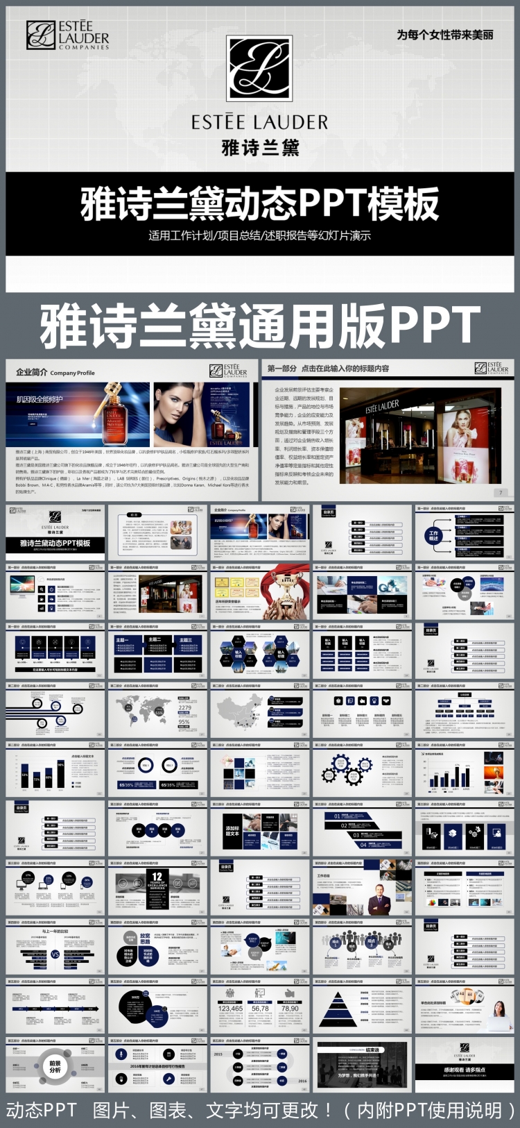 雅詩蘭黛企業(yè)簡介通用版動態(tài)PPT專用模板 述職報告 工作總結(jié) 工作匯報 年終總結(jié) 新年計劃