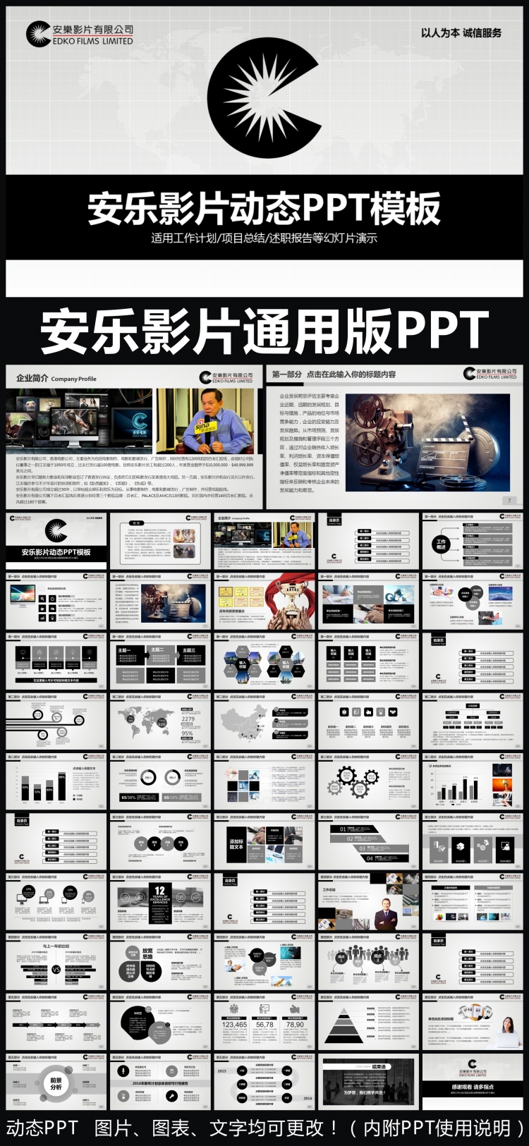 安樂影片企業(yè)簡介通用版動態(tài)PPT專用模板 述職報告 工作總結(jié) 工作匯報 年終總結(jié) 新年計劃