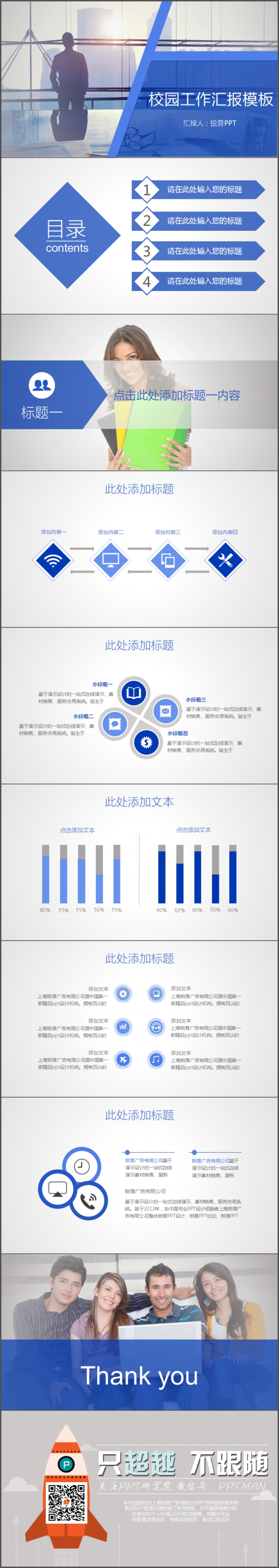 藍色扁平校園工作匯報PPT模板