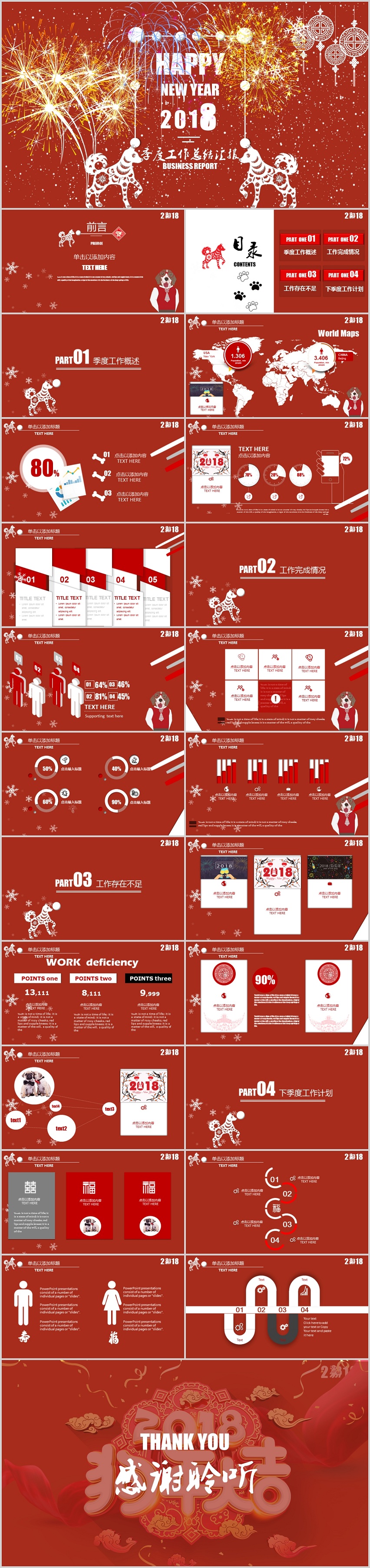 紅色狗年新年卡通小清新扁平季度月度年度工作總結(jié)報告PPT模板