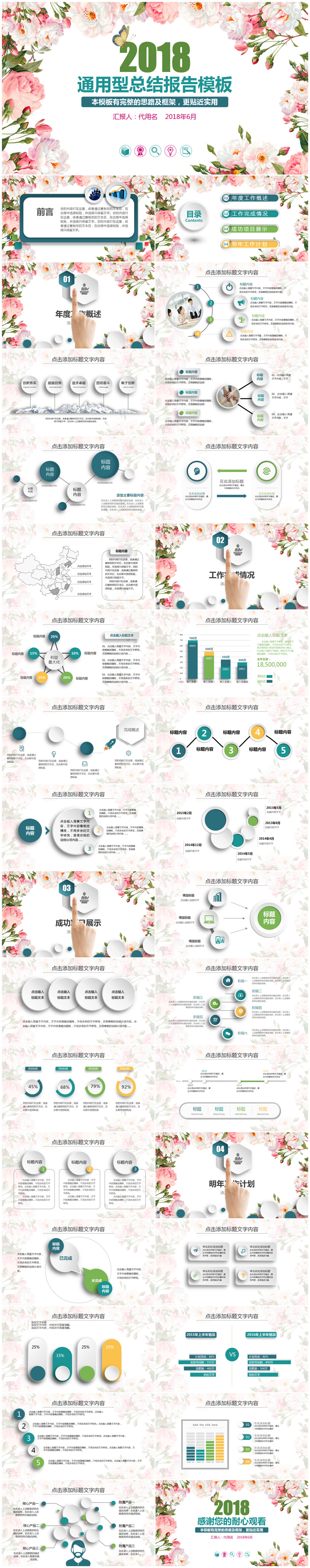 唯美清新花卉商務通用2018工作總結計劃匯報PPT模板