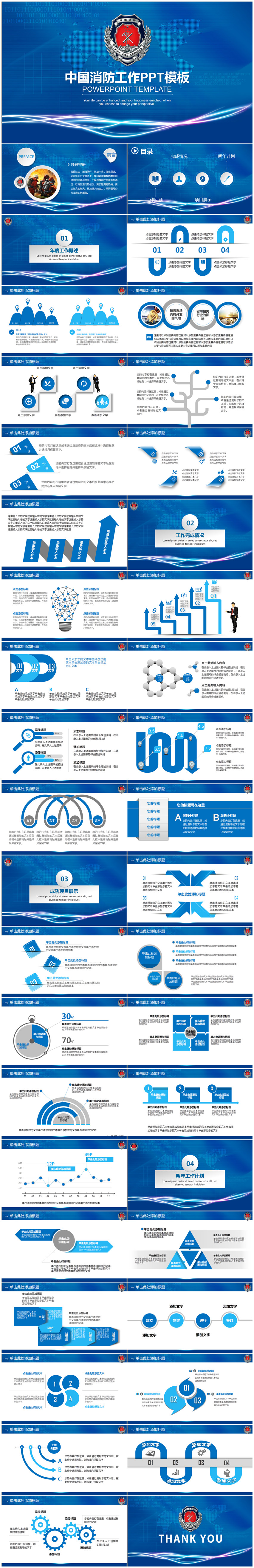 藍(lán)色公安消防年終總結(jié)計劃述職報告PPT模板