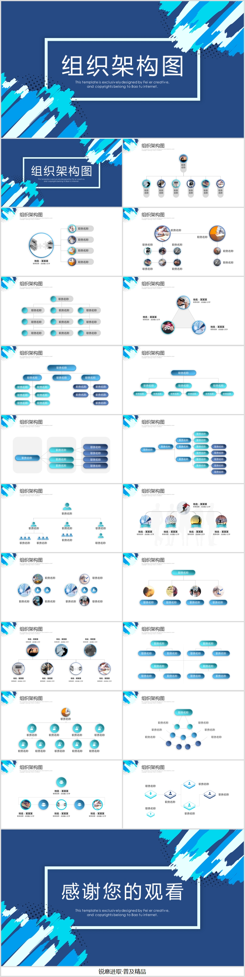 蓝色微粒体组织架构图ppt模板 组织架构介绍ppt模板 组织架构变化ppt