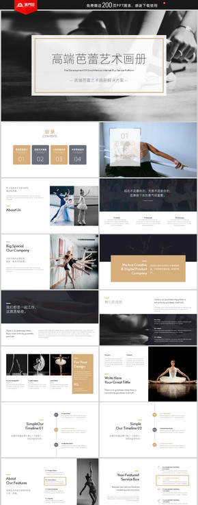 简约时尚芭蕾舞欧美风舞蹈学校舞蹈培训宣传画册PPT模板