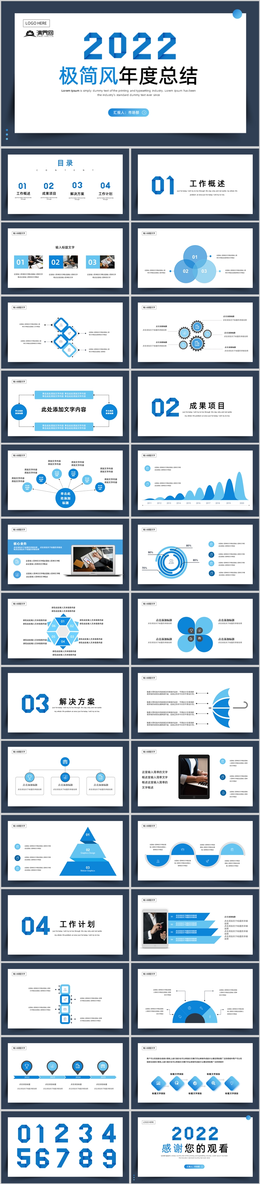 藍色極簡風創(chuàng)意數(shù)字2022工作總結(jié)PPT模板