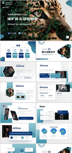 藍色高級感保護野生動物愛心公益宣傳畫冊PPT模板