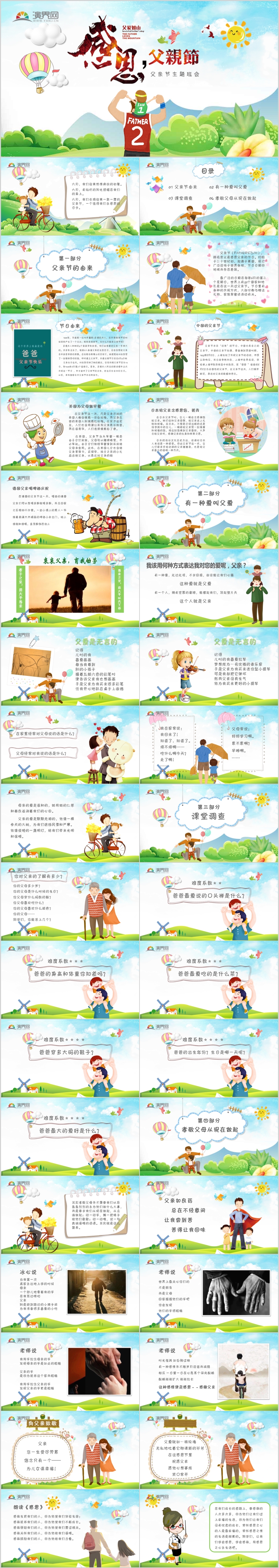 綠色兒童卡通風(fēng)幼兒園中小學(xué)父親節(jié)主題班會(huì)PPT模板父親節(jié)由來 父親節(jié)介紹PPT