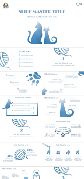 呆魚の小清新畢業(yè)教育簡約藍色寵物貓總結匯報通用卡通清新可愛PPT模板