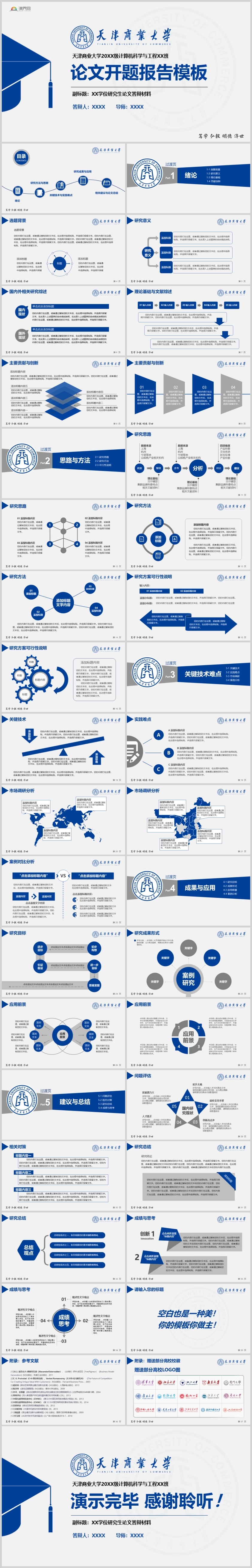 藍色天津商業(yè)大學論文答辯開題報告項目匯報PPT模板