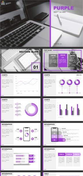 2019紫色現代簡約商務工作匯報PPT模板