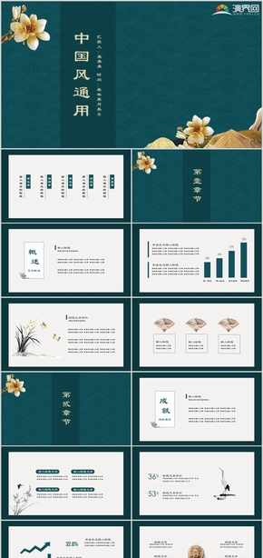 34頁精美動態(tài)深綠中國風(fēng)通用PPT模板