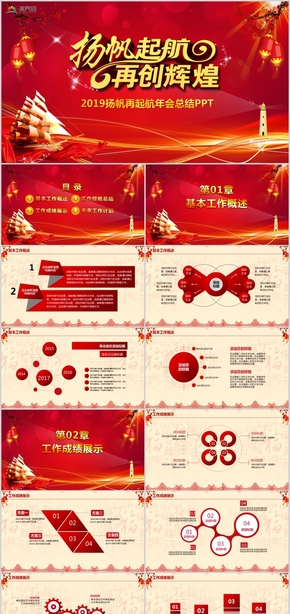 喜慶紅2019揚(yáng)帆再起航年會總結(jié)年終總結(jié)頒獎盛典PPT模板