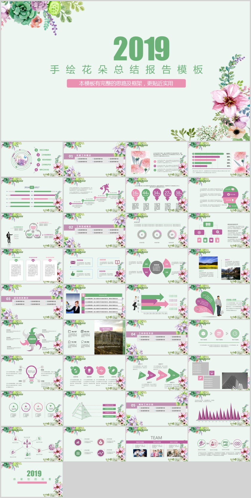 手繪花朵總結報告銷售報告季度總結PPT模板