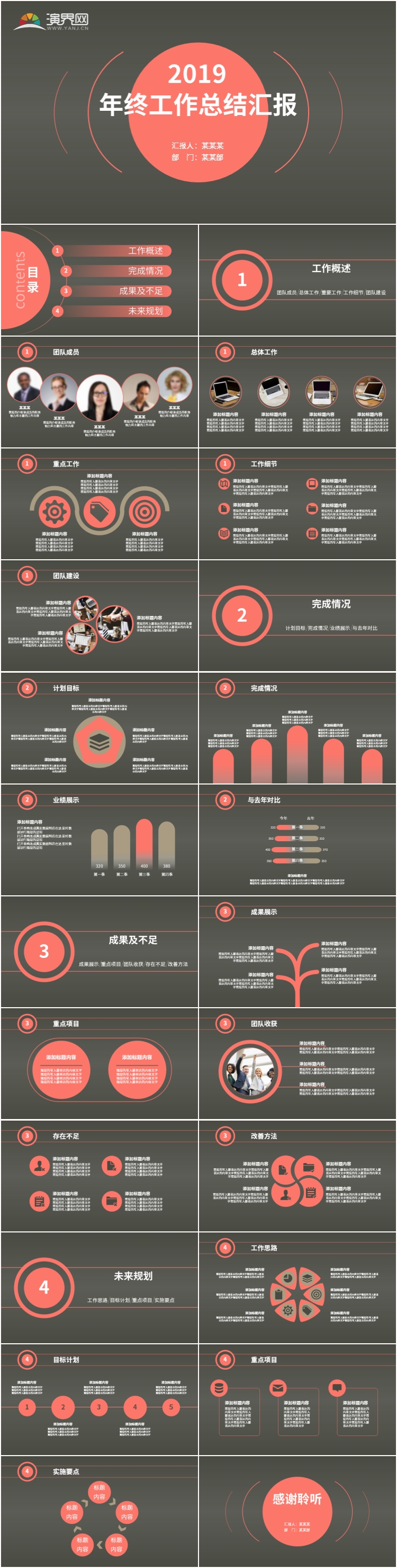 2019流行色珊瑚橙深色背景圓形線條商務(wù)工作匯報總結(jié)PPT模板