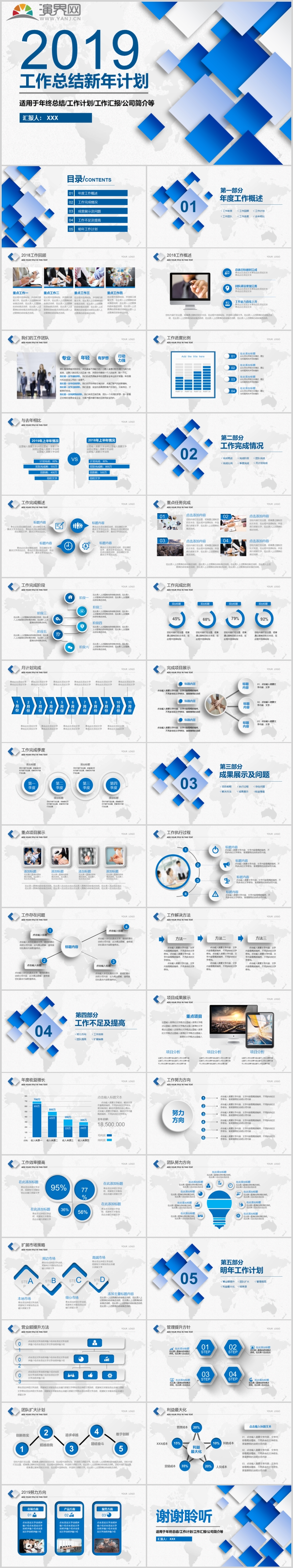 2019藍(lán)色簡(jiǎn)約多邊形商務(wù)工作總結(jié)新年計(jì)劃PPT模板
