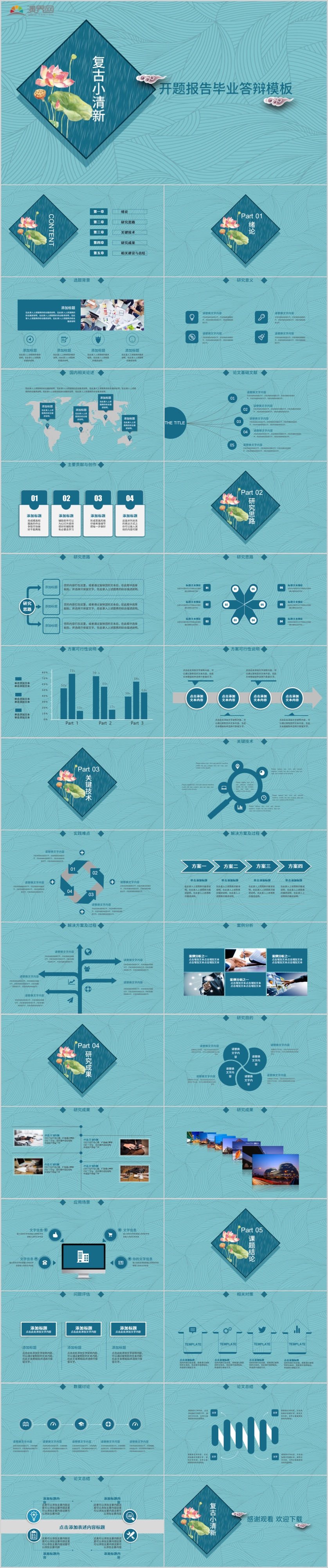 復古荷花小清新風開題報告畢業(yè)答辯PPT模板