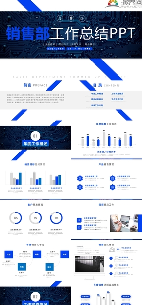 藍色商務銷售工作匯報總結PPT模板