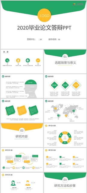 2020年黃色綠色學術風說課學術論文答辯PPT模板