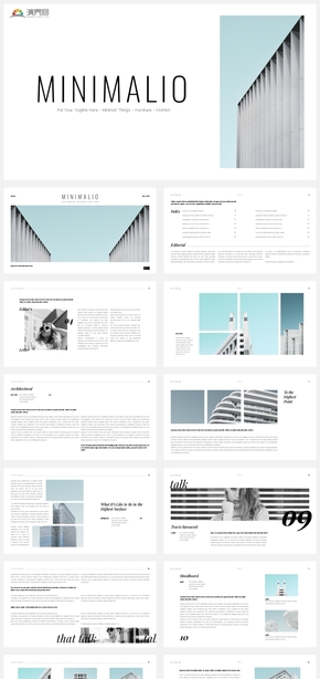 【清新】淡藍簡約建筑風(fēng)格時尚圖文混排雜志風(fēng)ppt模板