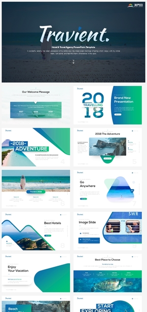 GGSJ769【自然】海島海洋旅游旅行藍綠色調創(chuàng)意時尚個性ppt模板