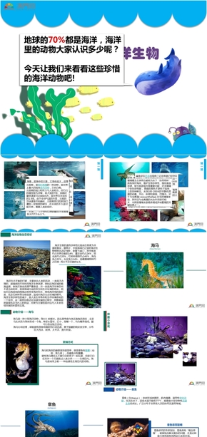 藍色卡通風格海洋生物PPT介紹模板，無需編輯即可使用