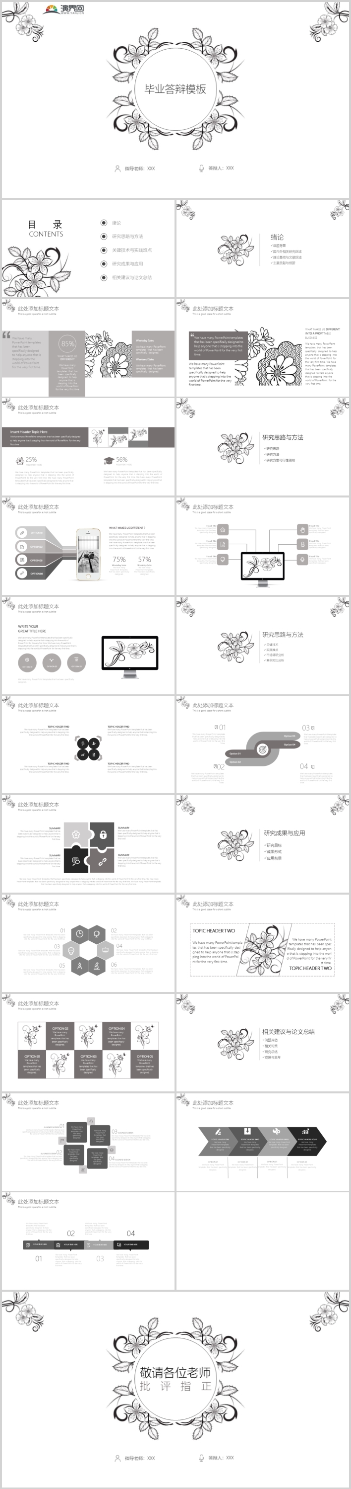 2019經(jīng)典黑白花卉簡(jiǎn)約風(fēng)畢業(yè)答辯PPT模板