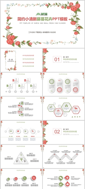 簡約小清新文藝風(fēng)藤蔓葉子花朵工作總結(jié)ppt模板