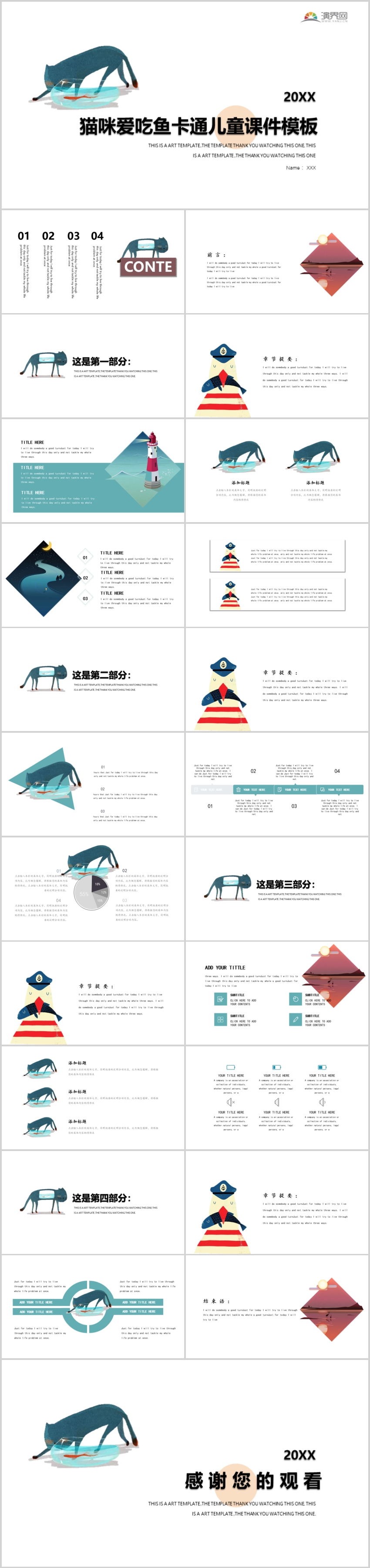 貓咪愛吃魚卡通兒童課件模板