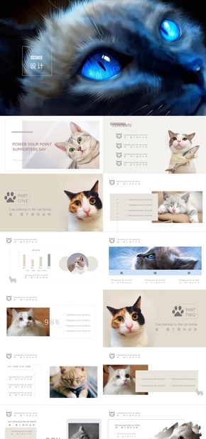 高端雜志扁平化風(fēng)貓咪主題工作匯報PPT模板