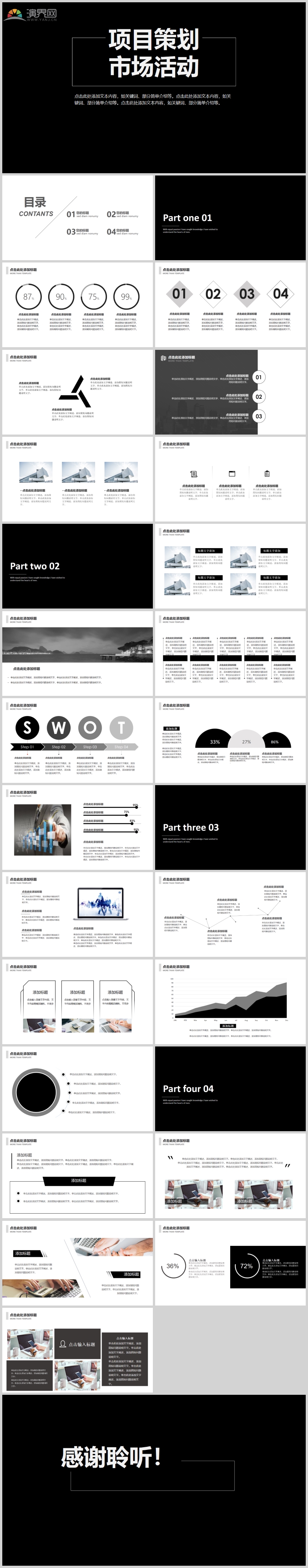 【通用不浮夸 易修改】黑色白色灰色項(xiàng)目策劃市場(chǎng)活動(dòng)匯報(bào)總結(jié)PPT模板