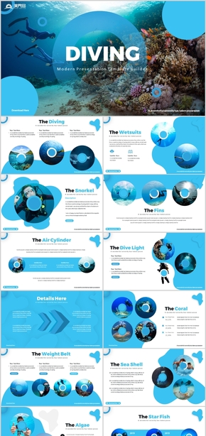 藍色海洋海底潛水年終總結(jié)動態(tài)潛水PPT海底世界海水館海族館海洋探探險大海海水海面深海海底PPT模板