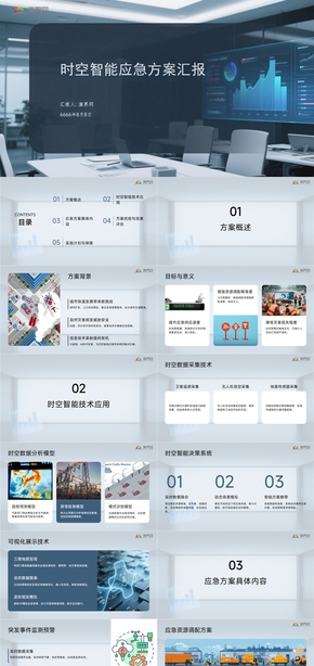 藍色商務(wù)通用時空智能應(yīng)急解決方案匯報PPT模板