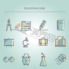 綠色清新學習辦公用品文具實驗器具教育學校卡通圖標合集