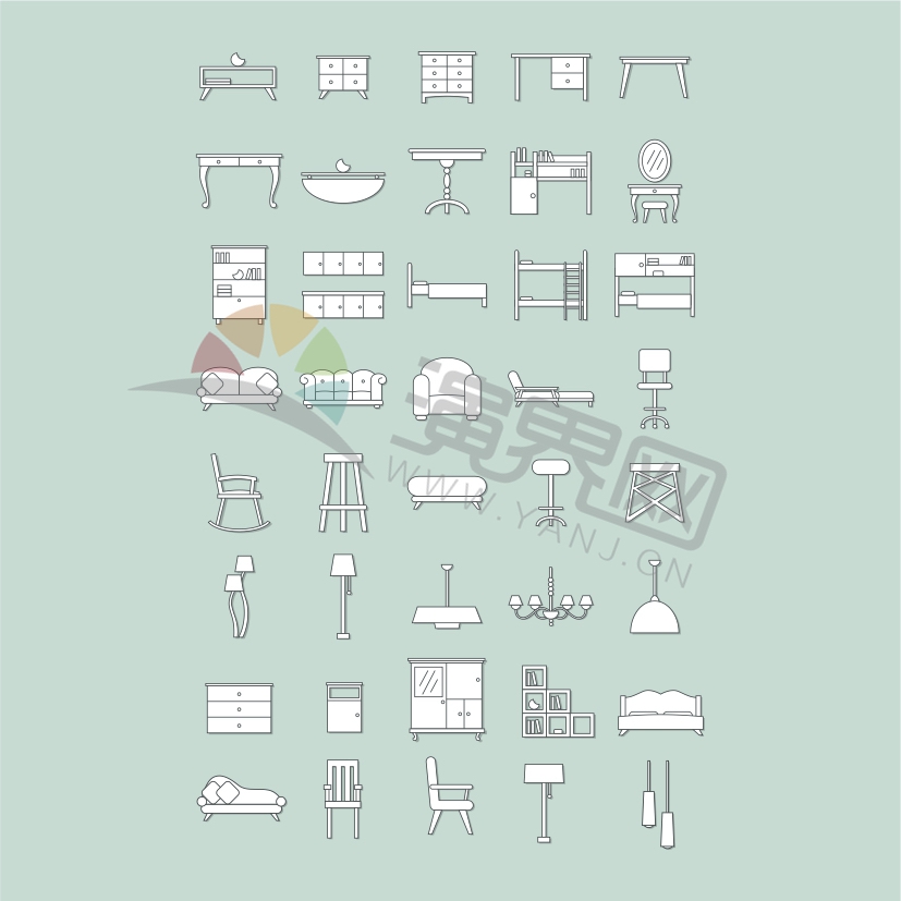 白色家居家具燈具桌椅簡筆畫卡通合集
