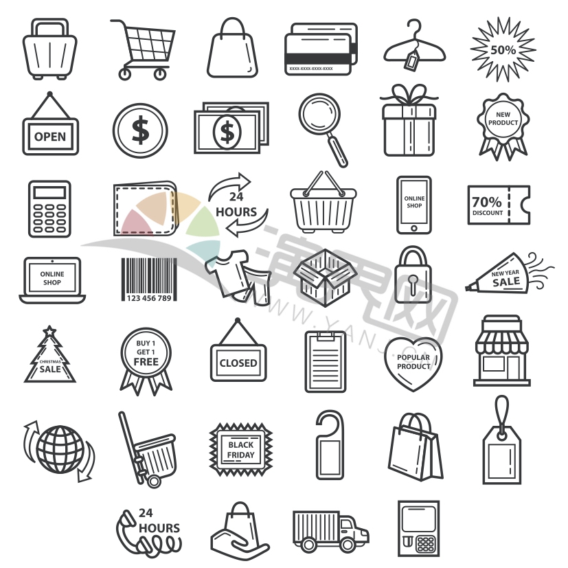 黑色商業(yè)貿(mào)易商店商品購物交易服務(wù)圖標(biāo)合集