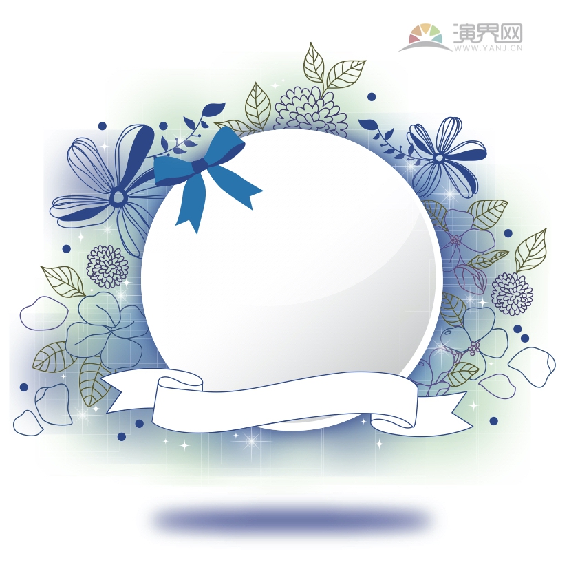 藍(lán)綠色蝴蝶結(jié)漸變花朵清新白色圓形邊框