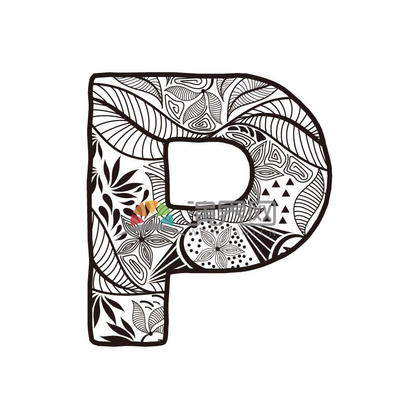 白底黑色植物花卉底紋字母P矢量圖標(biāo)