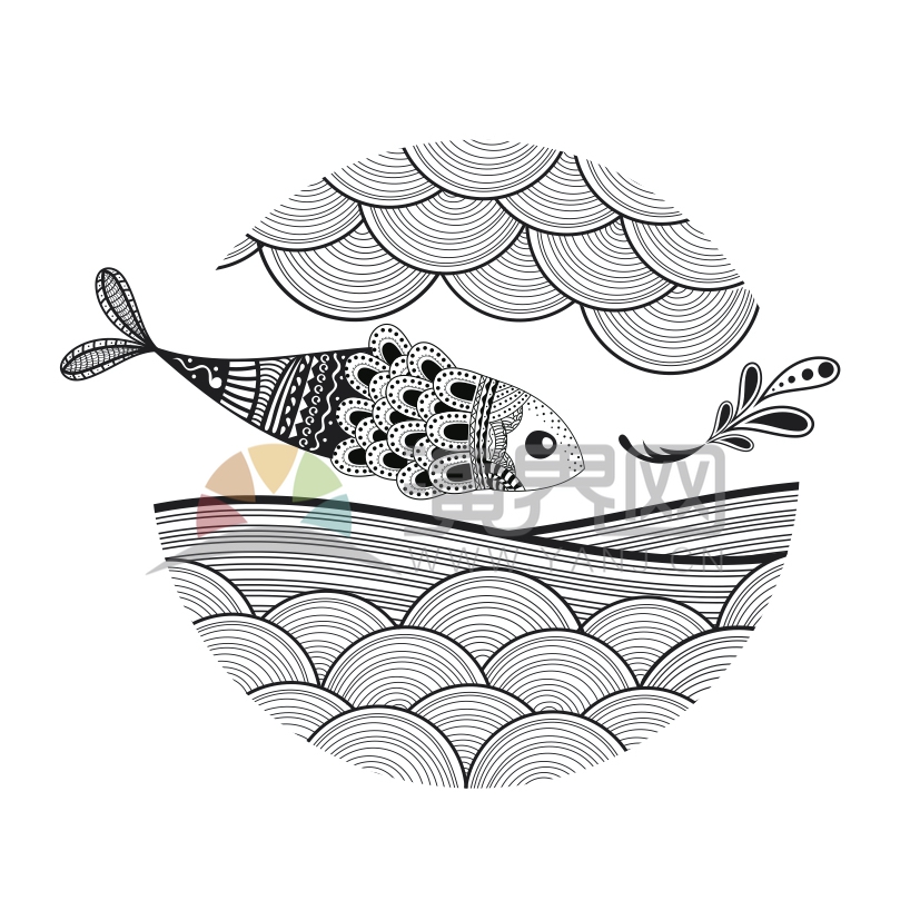 簡約設計線條流暢實用花紋裝飾小魚圖案