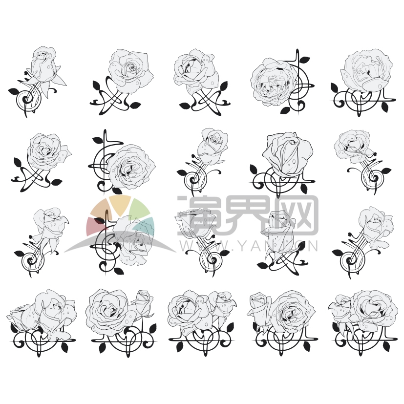 簡約設(shè)計線條流暢花紋紋身裝飾玫瑰花卡通圖案合集