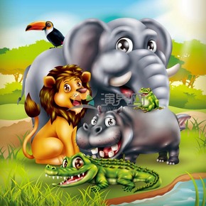  Cartoon Grassland Lion Elephant Crocodile Hippo Material