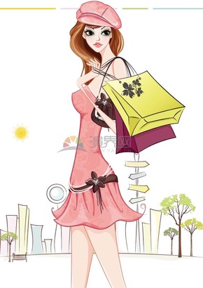  Pink dress cute girl shopping cartoon