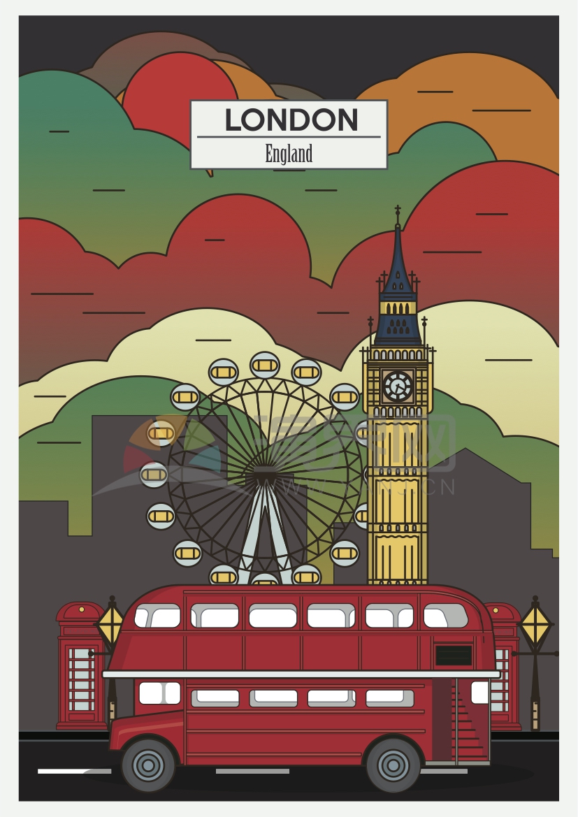英国伦敦双层巴士伦敦眼大本钟城市建筑卡通图