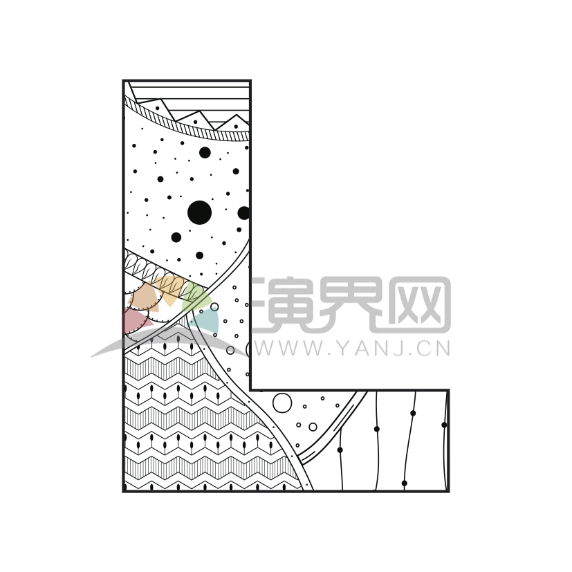 簡約設計線條流暢實用花紋裝飾英文字母L形狀圖案