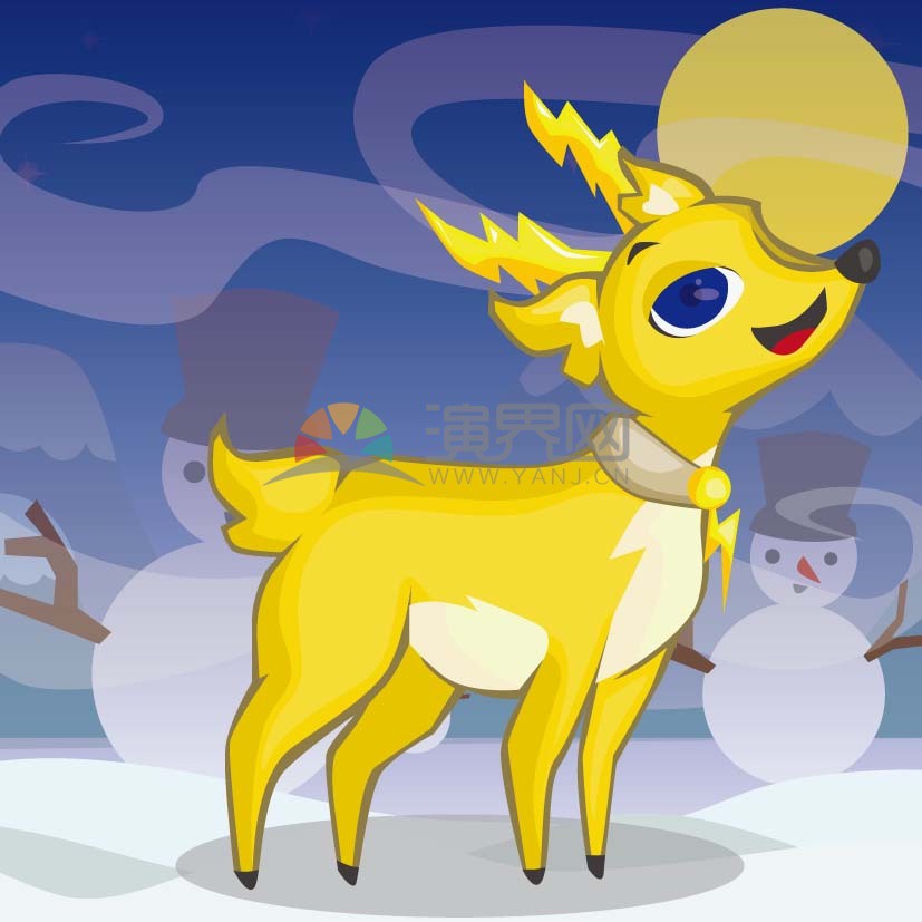 黃色的小鹿在雪地里很快樂