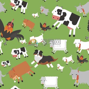 Cartoon Farm Grassland Cow Goat Chicken Dog Illustration