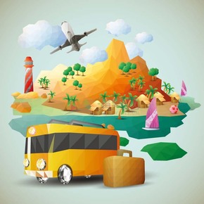 卡通创意立体2.5D风海边小岛飞机汽车行李箱小船灯塔度假插图