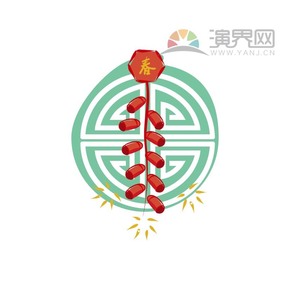 紅色鞭炮綠色花紋喜慶春節(jié)過大年拜年祝福卡通圖