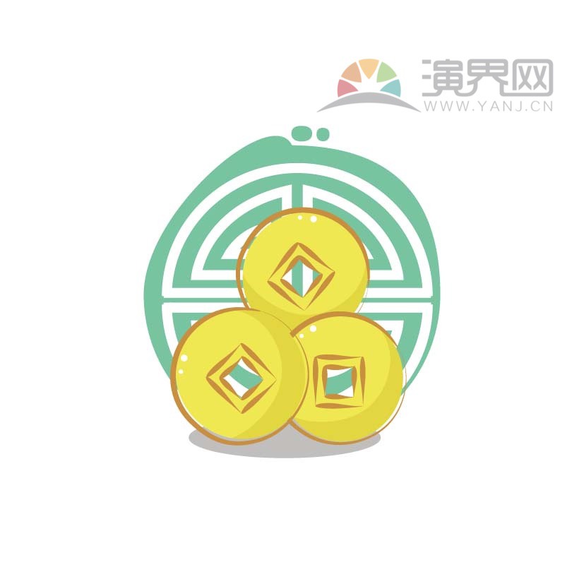 黄色铜板绿色花纹喜庆春节过大年拜年祝福卡通图